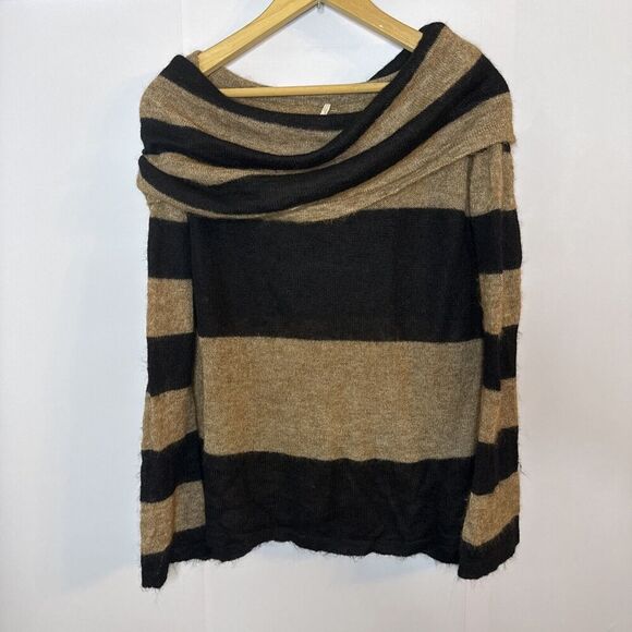 Free People Womens Lulu Sweater S Tan‎ Black Striped Cowl Neck Alpaca Wool Blend - Picture 2 of 10